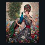 Art Deco Dame met Pauw Poster<br><div class="desc">Art Deco print met een dame in een tulband met haar pauw die door haar bloementuin loopt.</div>