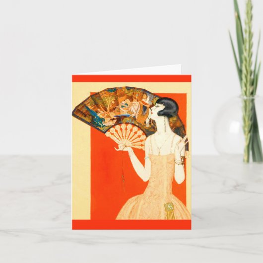 art deco dame met ventilator notitiekaartje (Voorkant)