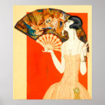 art deco dame met ventilator poster<br><div class="desc">De klassieke blik van de jaren 20! Klossen, plat haar, gelaten vallen vuistjurk. Plus een hint van Near East motifs in de fan, in overeenstemming met de wilde interesse in Egypte destijds, die voortkwam uit de eerdere ontdekking van Koning Tut's graftombe in de afgelopen tien jaar. Onze kunstdecodame ziet er...</div>