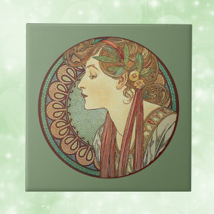 Art Deco Dames Groene Mozaïek Tegels Bladeren Vint Tegeltje