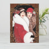  Art Deco-dames met kerstrood goud Feestdagenkaart (Staand voorkant)