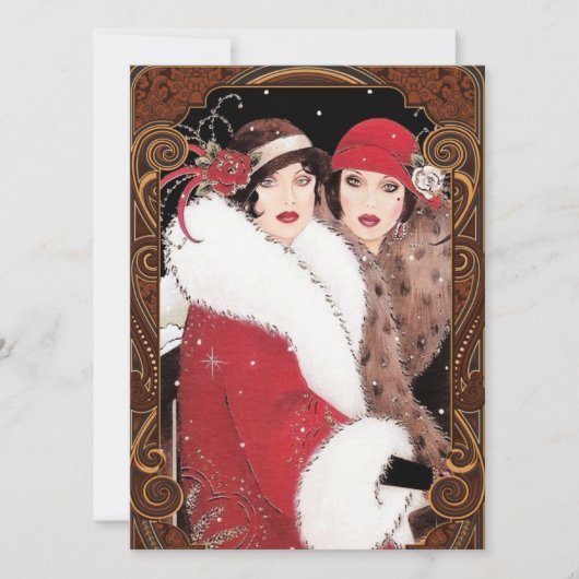  Art Deco-dames met kerstrood goud Feestdagenkaart (Voorkant)