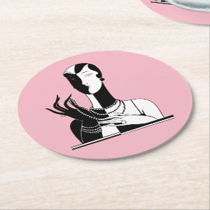 Art Deco Dames Met Parels Zwart Wit Ronde Kartonnen Onderzetter
