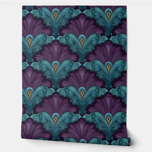 Art Deco Dark Purple and Teal Fans Behang (Afrollen)