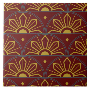 Art Deco Dark Red en Gold Sunflower Abstract Tegeltje