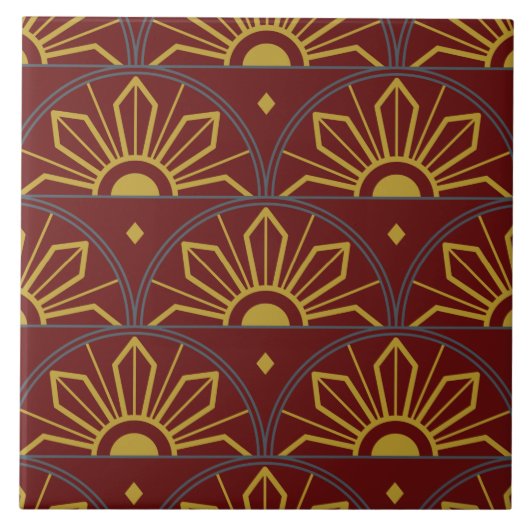 Art Deco Dark Red en Gold Sunflower Abstract Tegeltje (Voorkant)