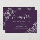 Art Deco Decadence | Paarse en Silver Filigree Save The Date (Voorkant / Achterkant)