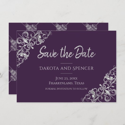 Art Deco Decadence | Paarse en Silver Filigree Save The Date (Voorkant / Achterkant)