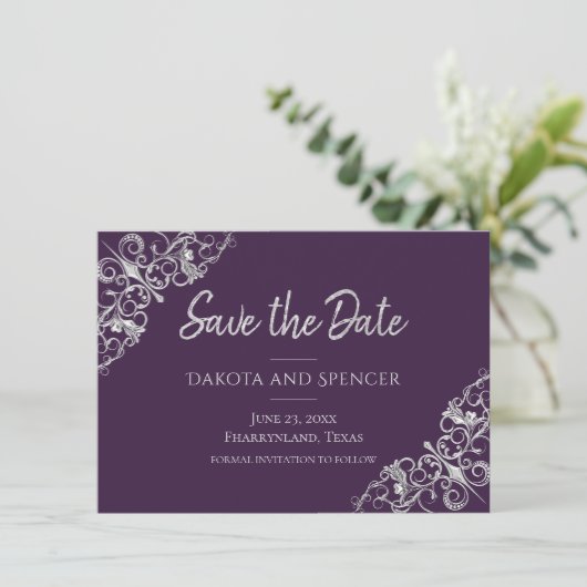 Art Deco Decadence | Paarse en Silver Filigree Save The Date (Staand voorkant)