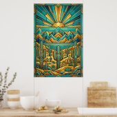 Art Deco Desert Sunset Poster - Geometric Saguaro  (Keuken)