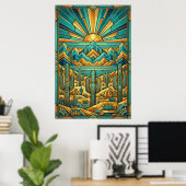 Art Deco Desert Sunset Poster - Geometric Saguaro  (Thuiskantoor)
