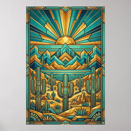 Art Deco Desert Sunset Poster - Geometric Saguaro  (Voorkant)