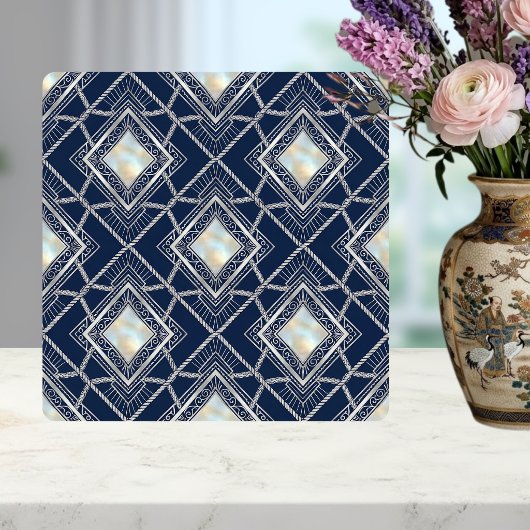 Art Deco Diamant Geometrisch Zilver Marine Inlegwe Tegeltje