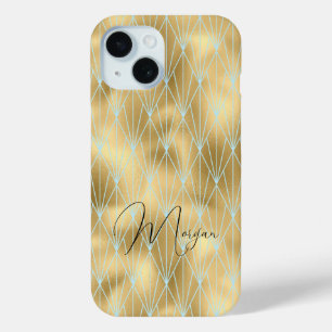 Art Deco diamantpatroon, goud en turquoise, script iPhone 15 Case