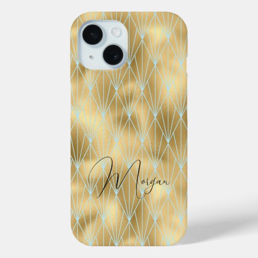 Art Deco diamantpatroon, goud en turquoise, script Case-Mate iPhone Case (Achterkant)