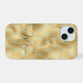 Art Deco diamantpatroon, goud en turquoise, script iPhone 15 Case (Achterkant horizontaal)