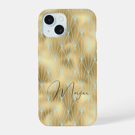 Art Deco diamantpatroon, goud en turquoise, script iPhone 15 Case (Achterkant)