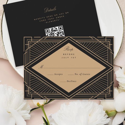 Art Deco Diamond Black en Gold RSVP Kaartje