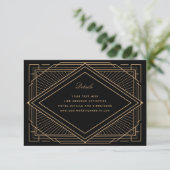 Art Deco Diamond Black en Gold Wedding Informatiekaartje (Staand voorkant)