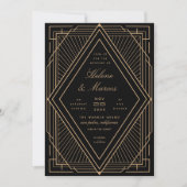 Art Deco Diamond Black en Gold Wedding Kaart (Voorkant)
