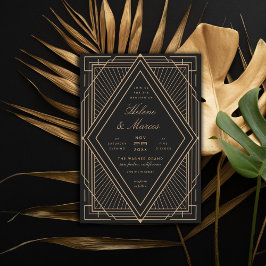 Art Deco Diamond Black en Gold Wedding Kaart
