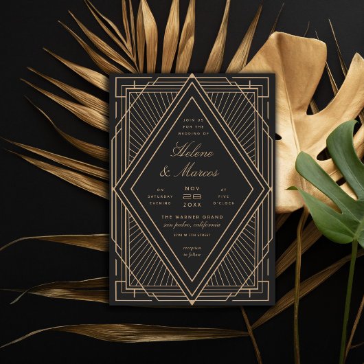 Art Deco Diamond Black en Gold Wedding Kaart