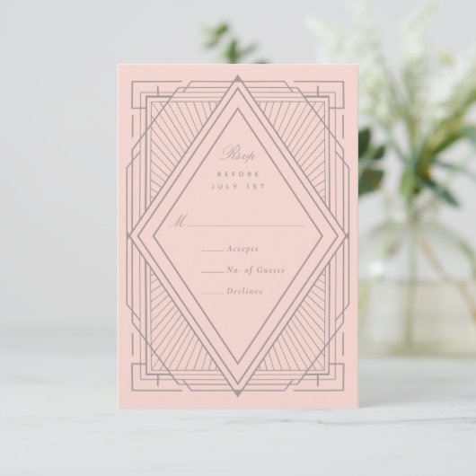 Art Deco Diamond Blush Pink Wedding RSVP Kaartje (Staand voorkant)