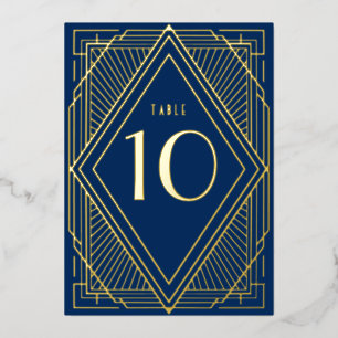 Art Deco Diamond Navy Gold Wedding Table Number Folie Uitnodiging