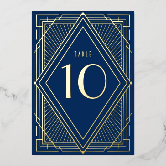 Art Deco Diamond Navy Gold Wedding Table Number Folie Uitnodiging (Voorkant)