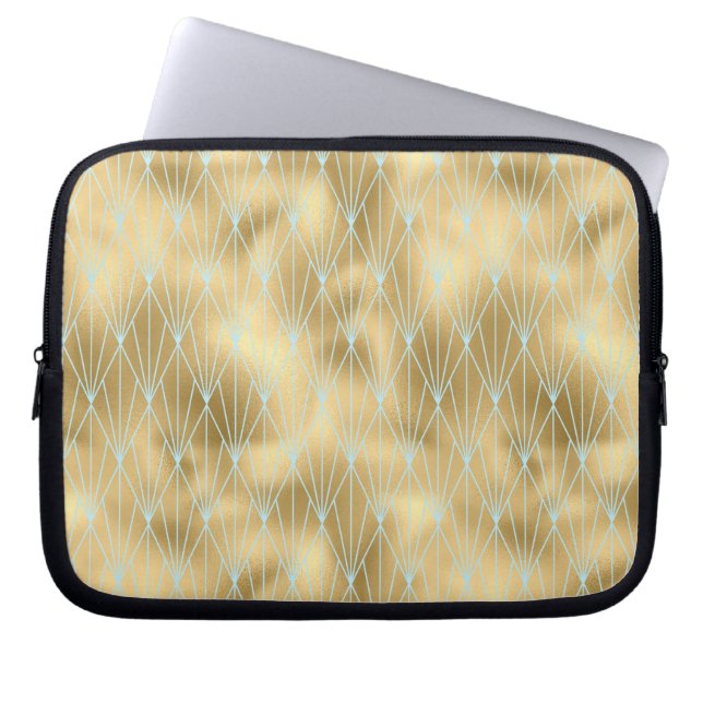 Art Deco Diamond Pattern 2, Gold & Blauwgroen Laptop Sleeve (Voorkant)
