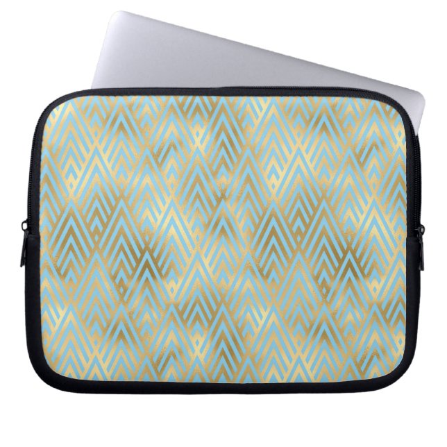 Art Deco Diamond Pattern, Blauwgroen & Gold Laptop Sleeve (Voorkant)