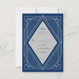 Art Deco Diamond Silver Navy Blue RSVP Kaartje