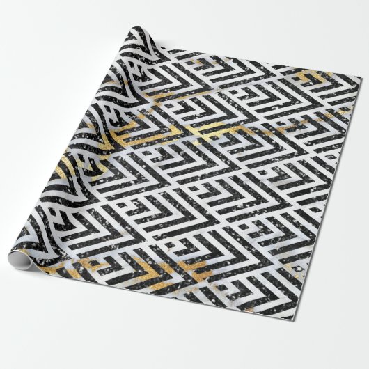 Art Deco Diamond Triangles Black White Marble Cadeaupapier (Uitgerold)