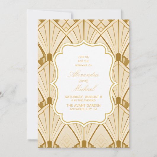 Art Deco Diamond White en Gold Wedding Kaart (Voorkant)