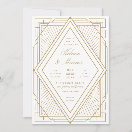 Art Deco Diamond White en Gold Wedding Kaart (Voorkant)