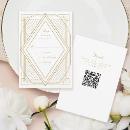 Art Deco Diamond White en Gold Wedding RSVP Kaartje