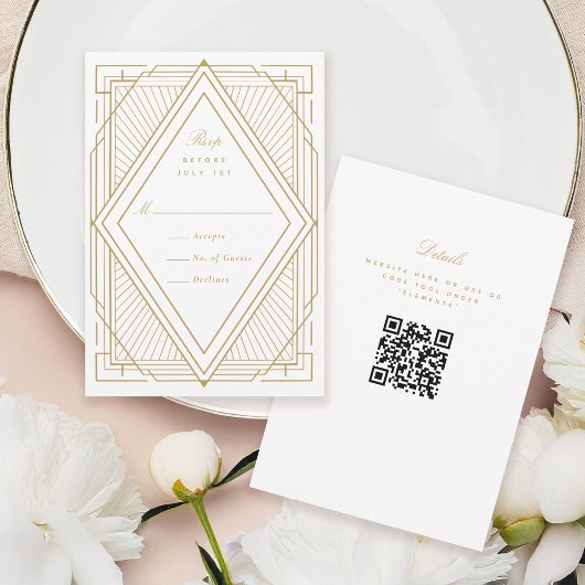 Art Deco Diamond White en Gold Wedding RSVP Kaartje