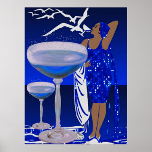 ART DECO Diva DAME Blauwe Champagne Poster