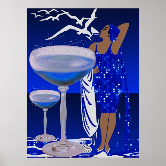 ART DECO Diva DAME Blauwe Champagne Poster (Voorkant)