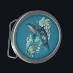 Art Deco dolfijn illustratie op diepblauw Gesp<br><div class="desc">Prachtige Art Deco dolfijn illustratie met een diepblauwe aanpasbare achtergrond.</div>