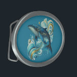 Art Deco dolfijn illustratie op diepblauw Gesp<br><div class="desc">Prachtige Art Deco dolfijn illustratie met een diepblauwe aanpasbare achtergrond.</div>