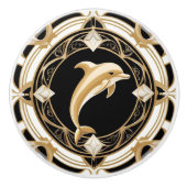 Art Deco Dolfijn Zwart Wit Goud Nautisch Keramische Knop (Voorkant)