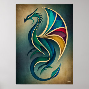 Art Deco Draak Abstract Geometrische Fantasie Muur Poster