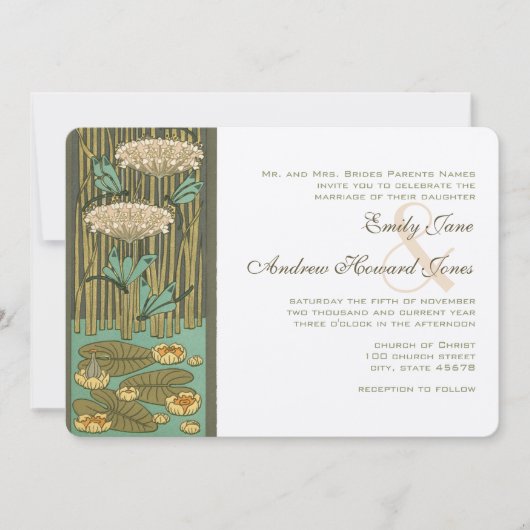 Art Deco Dragonfly Lily Pad Fairytale Wedding Kaart (Voorkant)