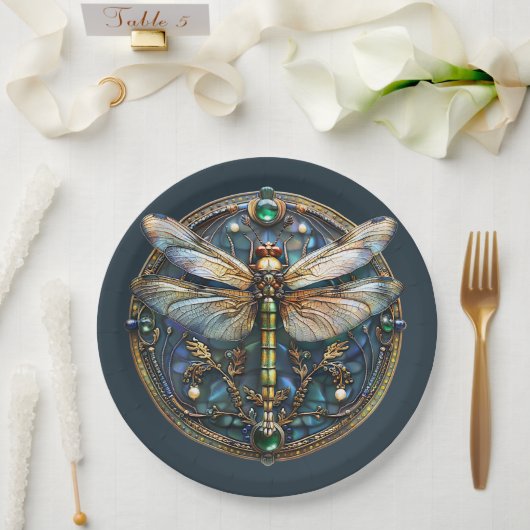 Art Deco Dragonfly Parels Emerald Goud Papieren Bordje (Huwelijk)