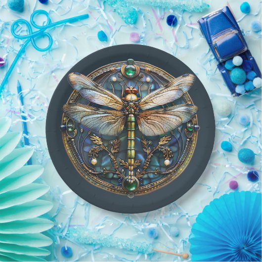 Art Deco Dragonfly Parels Emerald Goud Papieren Bordje (Feest)