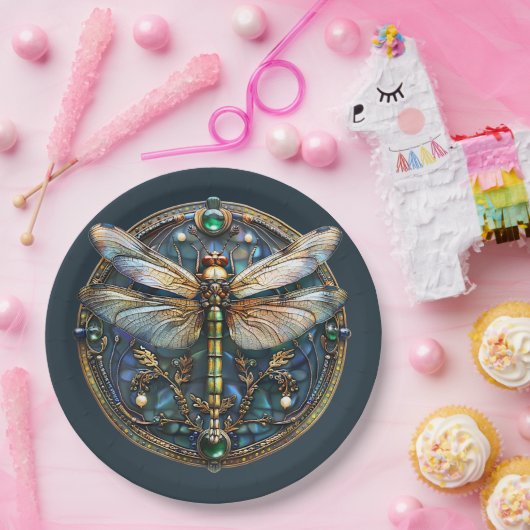 Art Deco Dragonfly Parels Emerald Goud Papieren Bordje (Feest)
