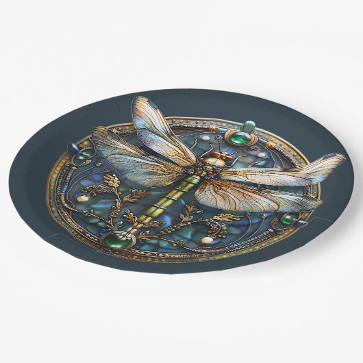 Art Deco Dragonfly Parels Emerald Goud Papieren Bordje (Gekanteld)