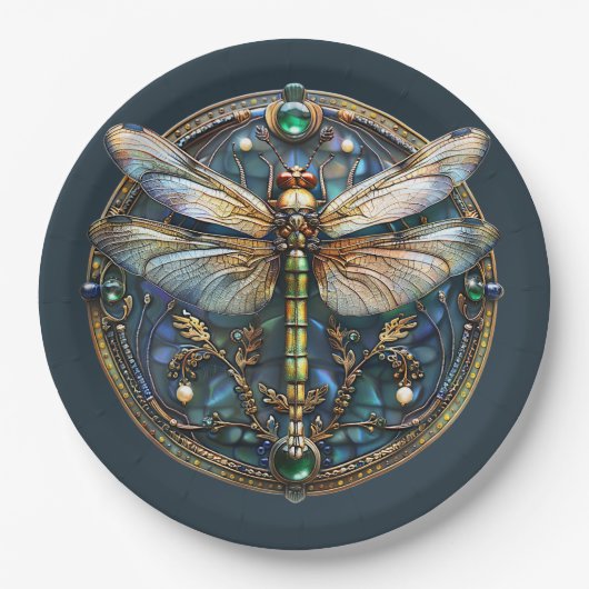 Art Deco Dragonfly Parels Emerald Goud Papieren Bordje (Voorkant)