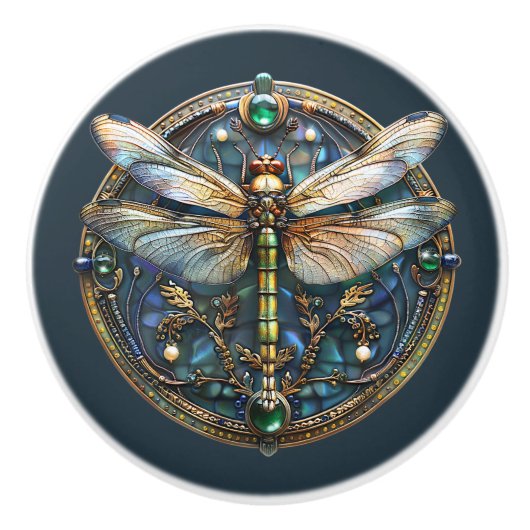 Art Deco Dragonfly Parels Smaragden Goud Turquoise Keramische Knop (Voorkant)